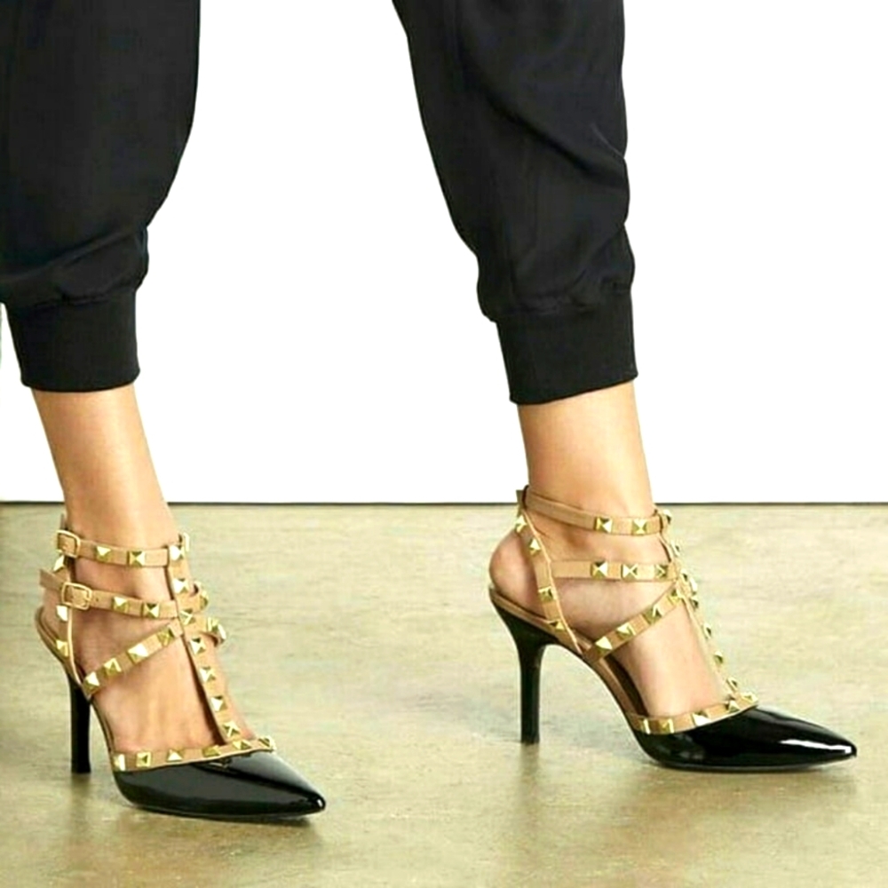 Sole Society So-Anneke T-Strap Pointed Dress Pumps Black Nude Gold Embellished